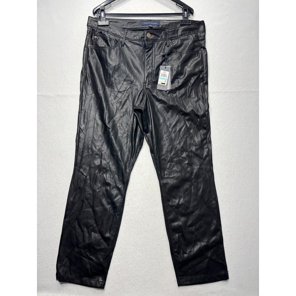 Tommy Hilfiger Womens 16 Black Faux Leather Straight Ponte Pants J2XK4561